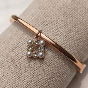 Rose Gold Tone Hinged Bangle Bracelet Cuff Pearl Crystal Square Dangle Charm